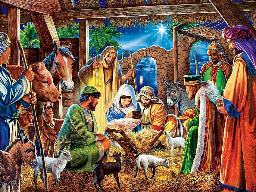The Star Of Bethlehem, artwork, stable, painting, animals, holy kings, joseph, mary, child HD wallpaper