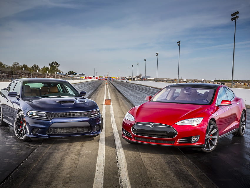 2015 Dodge Charger SRT blue, Red Tesla Model S HD wallpaper