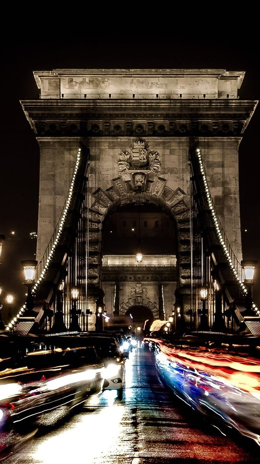 Chain bridge, Hungary, Budapest, night, cars, lights HD phone wallpaper