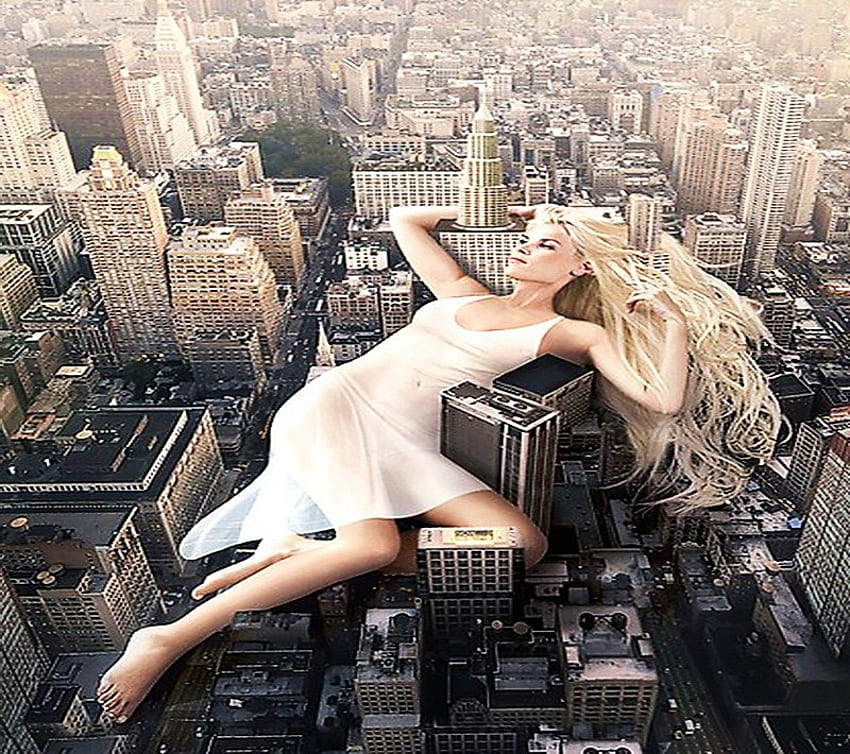 Garota da cidade, edifícios, loira, arranha-céus, vestido branco, cidade, mulher papel de parede HD