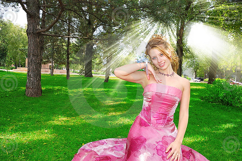 lovely girl in rising sun, pink, green, grass, girl, lovely HD wallpaper