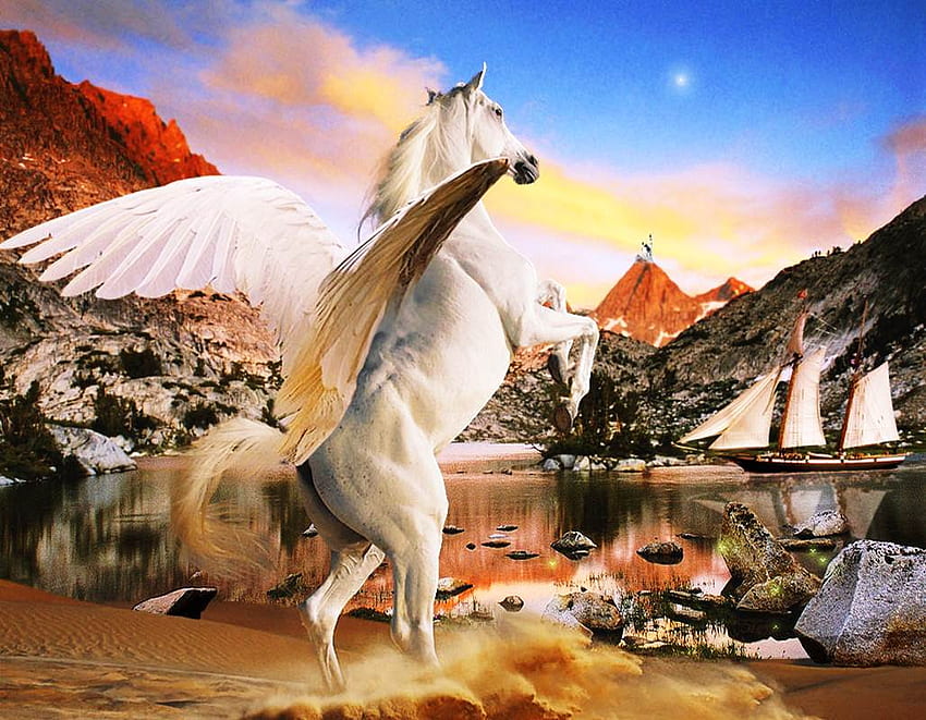 Pegasus By A lago, caballos, pegasus, fantasía, animales fondo de pantalla
