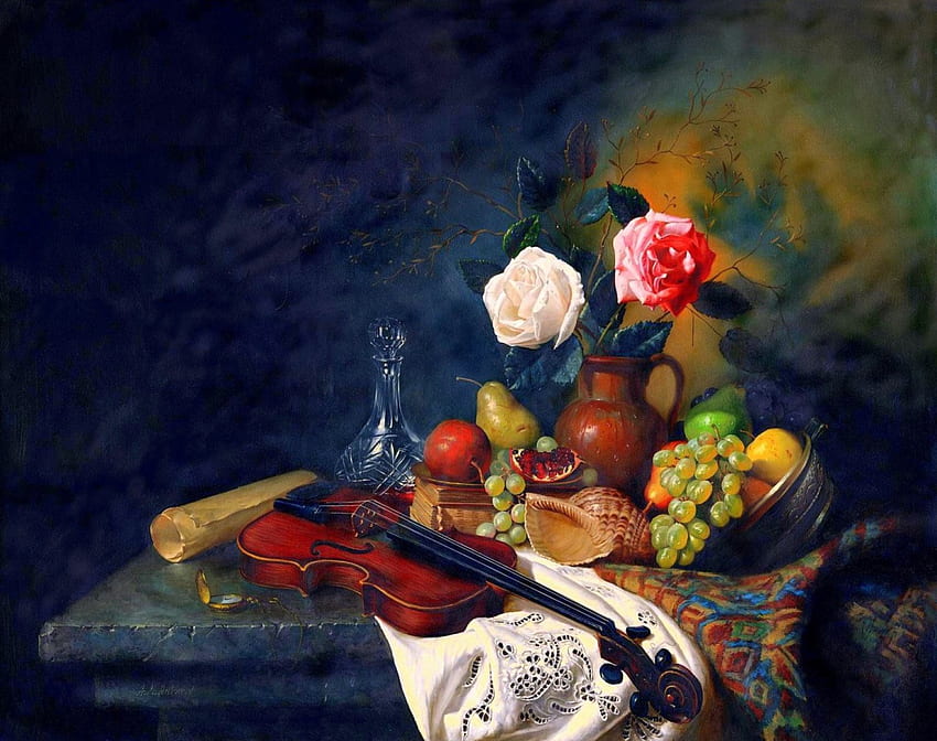 'Still Life - Violin', shells, bouquet, tablecloth, violin, basket, table, roses, lovely still life, paintings, fruits, creative pre-made, bottle, love four seasons, still life, draw and paint, nature, flowers HD wallpaper