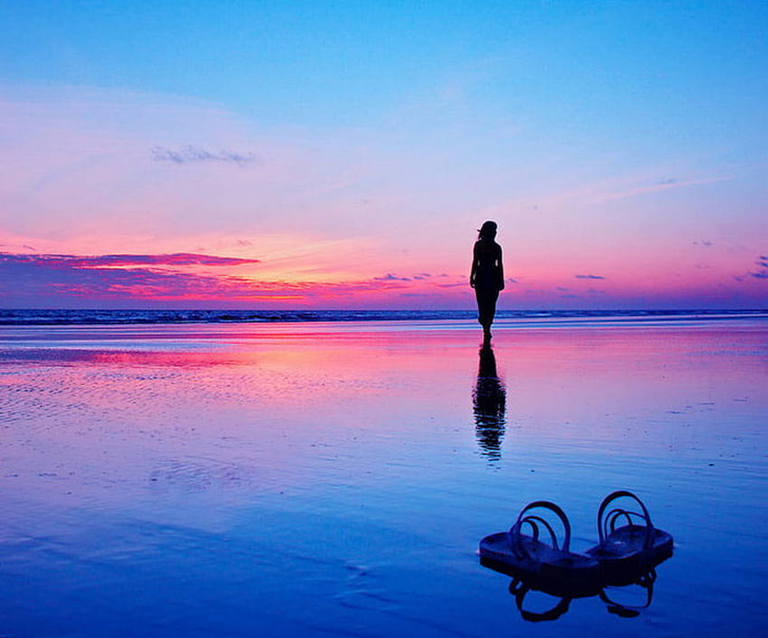 Evening thoughts, blue, walk, beach, woman, pink, flip flops, sky, evening, sunset HD wallpaper