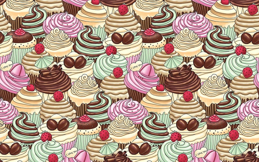 Cupcakes, sweet, chocolate, food, valentine, pink, day, abstract, cherry, green, yellow, red, ay, texture, cream HD wallpaper