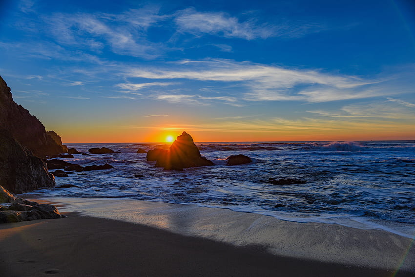 Natura, zachód słońca, morze, skały, brzeg, bank, surfowanie Tapeta HD