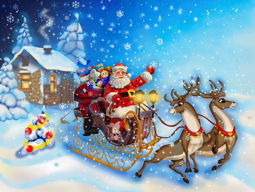 Santa Claus in a sleigh with reindeers, winter, house, cute, tree, snowflakes, holiday, sleigh, reindeers, snowfall, snow, christmas, ride, village, santa HD wallpaper