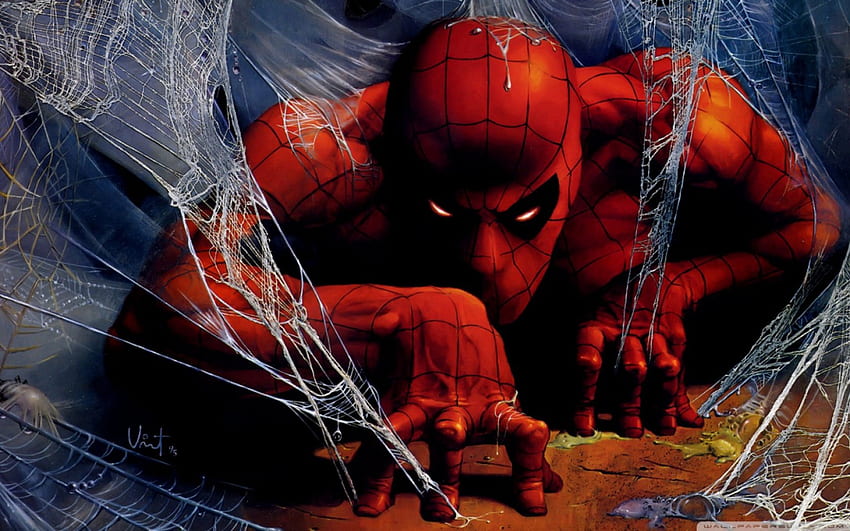 spider man, cartoon, fantasy, red, spiderman HD wallpaper