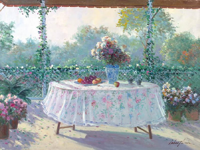 Gazebo Still Life, rel, meja, gazebo, vas, tanaman merambat, taplak meja, bunga, buah-buahan Wallpaper HD