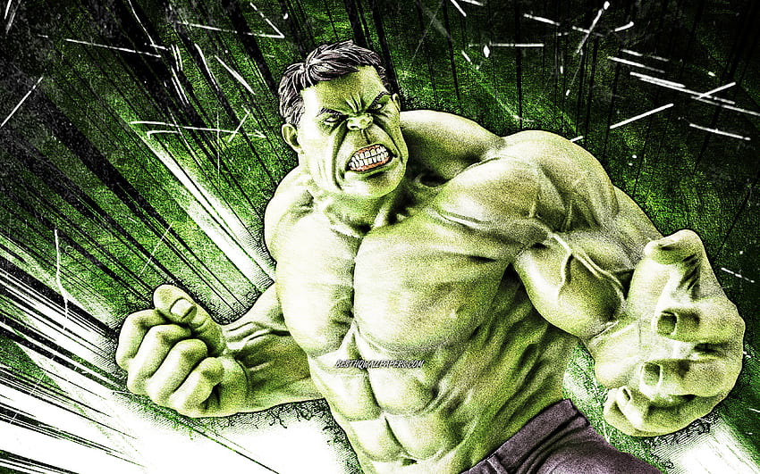 Hulk, arte grunge, superhéroes, Marvel Comics, rayos abstractos verdes, Robert Bruce Banner, Hulk, Cartoon Hulk fondo de pantalla
