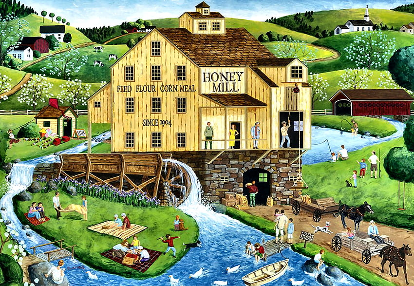 Honey Mill F, river, architecture, art, mill, beautiful, artwork, scenery, wide screen, painting, water, stream HD wallpaper