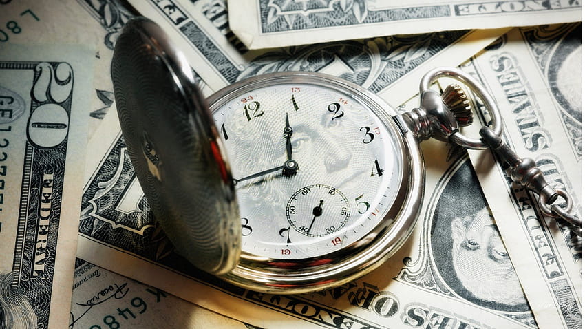 Pieniądze Czas, wydać, banknoty, bank, George Washington, strata, podatek, USA, zegarek kieszonkowy, czas, rachunki, akcje, zegar, pieniądze, zabytkowe, podatki Tapeta HD