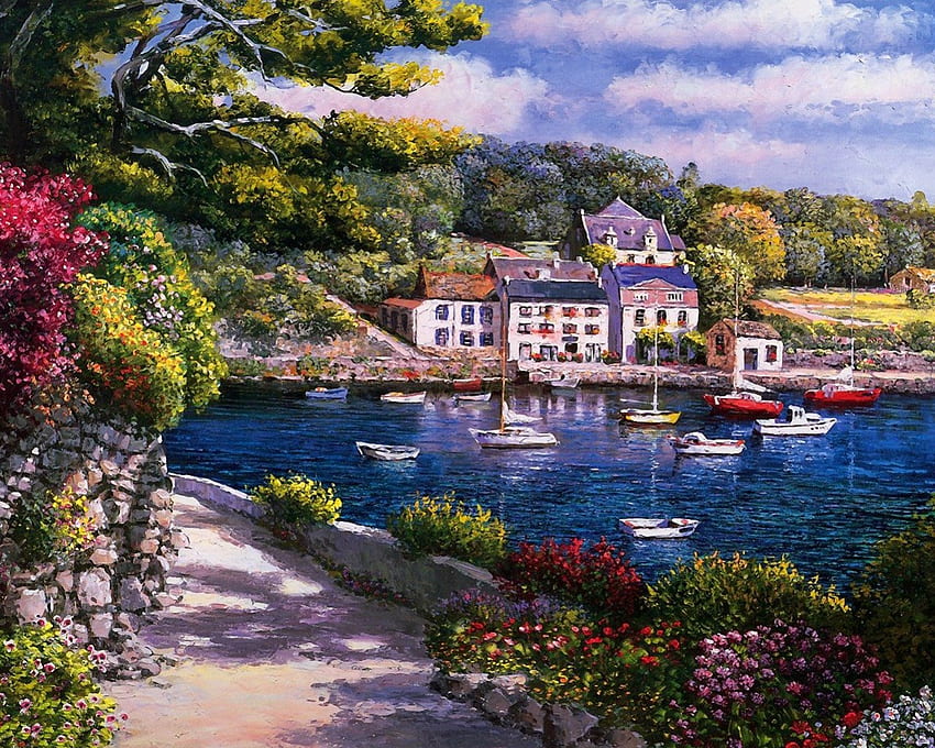 French port, river, coast, France, peaceful, houses, serenity, nice, quiet, reflection, painting, boats, trees, water, calm, sea, art, beautiful, vilalge, french, lake, summer, pretty, nature, sky, port, flowers, lovely, countryside HD wallpaper