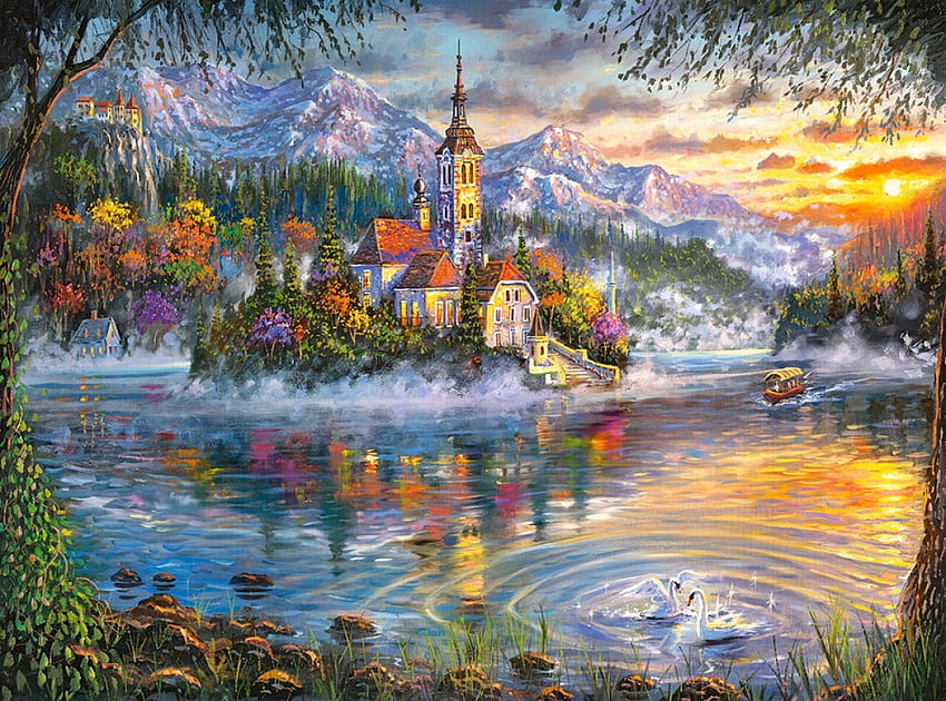 Lake Bled, island, church, houses, artwork, swans, painting, autumn, sky, mountains, sunset HD wallpaper