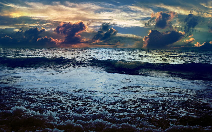 Nature, Sea, Clouds, Horizon, Foam, Shadows, Volumetric, Creepy, Wave, Merge, Confluence, Voluminous HD wallpaper