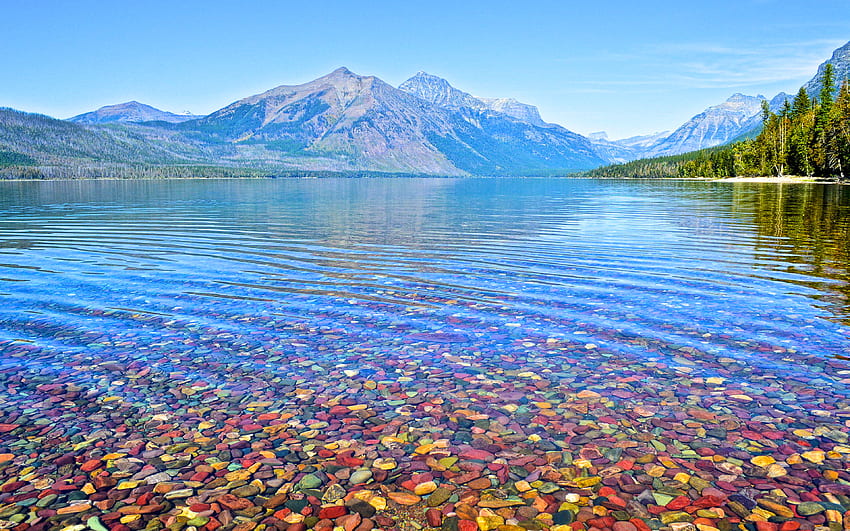 McDonald Lake, colorful stones, summer, american landmarks, beautiful nature, mountains, R, Glacier National Park, America, USA HD wallpaper
