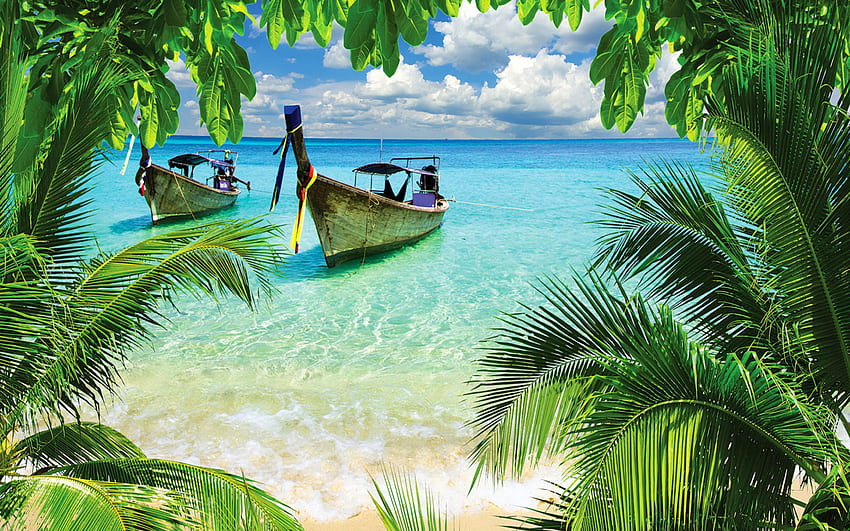 tropical islands, ocean, summer, boats, Thailand, palm trees, summer travels HD wallpaper