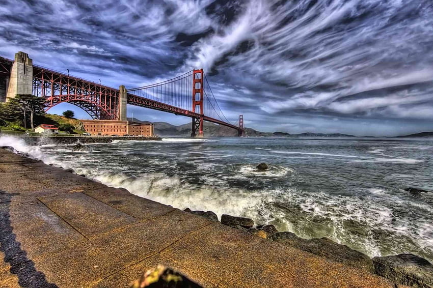 *Golden Gate Bridge*, 금문교, 바다 풍경, 건축물, 그래피, r, 해변, 파도, 구름, 샌프란시스코, 하늘, 다리 HD 월페이퍼