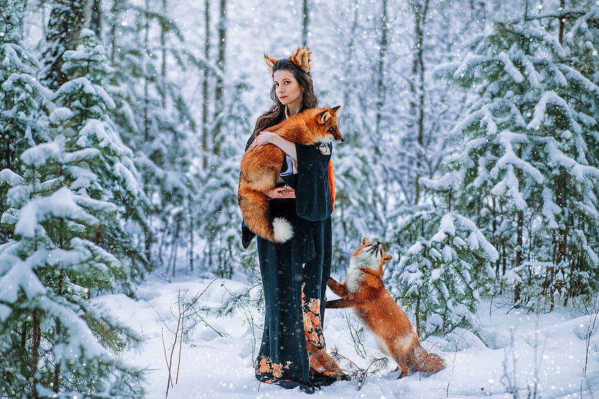 :), aleksandra savenkova, winter, model, iarna, vulpe, girl, fox, woman, snow HD wallpaper