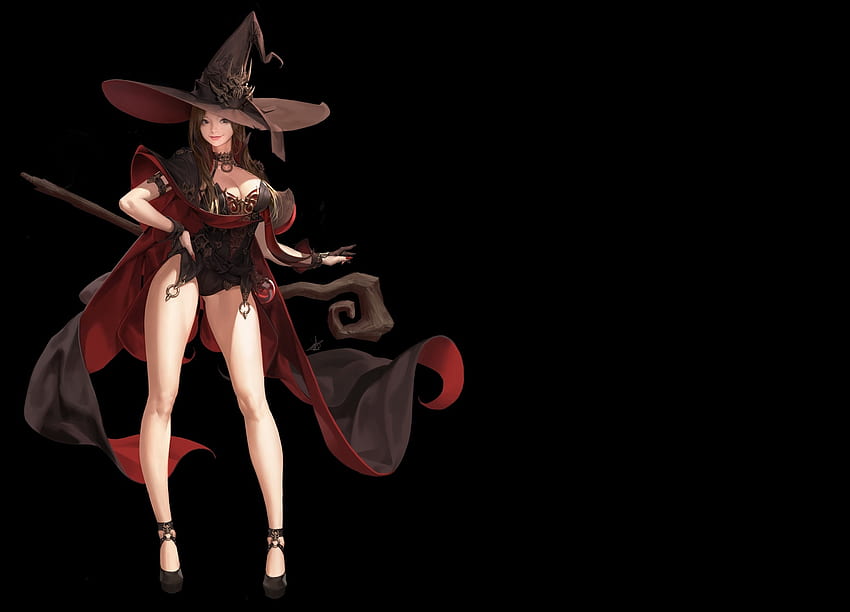 Witch, black, girl, halloween, daeho cha, brown, fantasy, luminos, hat HD wallpaper