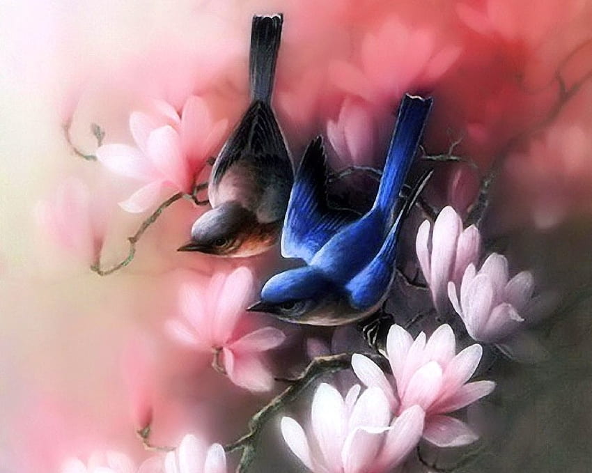 Spring Couple, beloved valentines, birds, paintings, spring, magnolias, love four seasons, animals, couple, nature, flowers HD wallpaper
