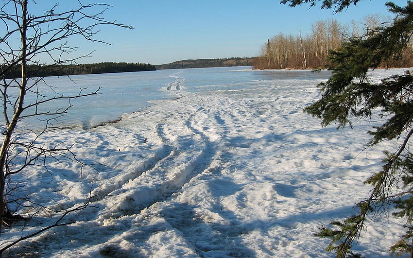 Quad Tracks Across Lake, invierno, congelado, atv, lago, hielo, quad fondo de pantalla