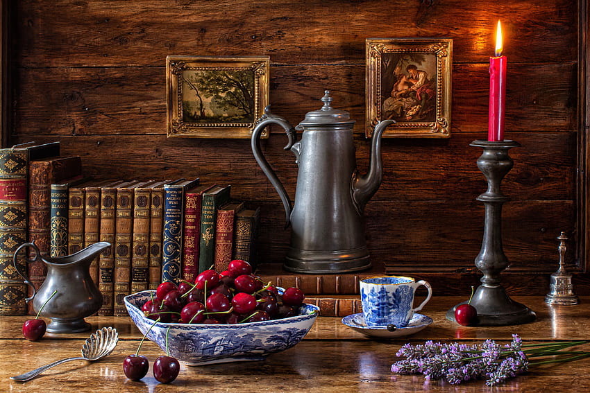 Still life, Candle, Cup, Cherry, Book HD wallpaper