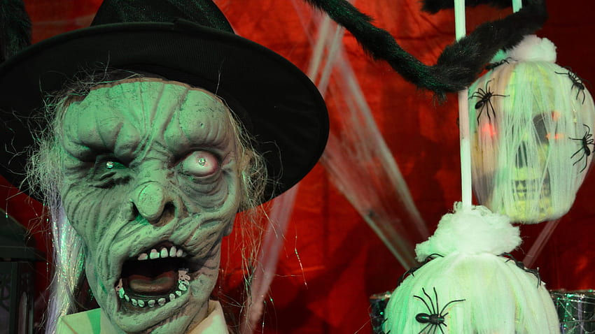 Disfraz de Halloween de decoración espeluznante de carnaval rojo verde, circo de Halloween fondo de pantalla