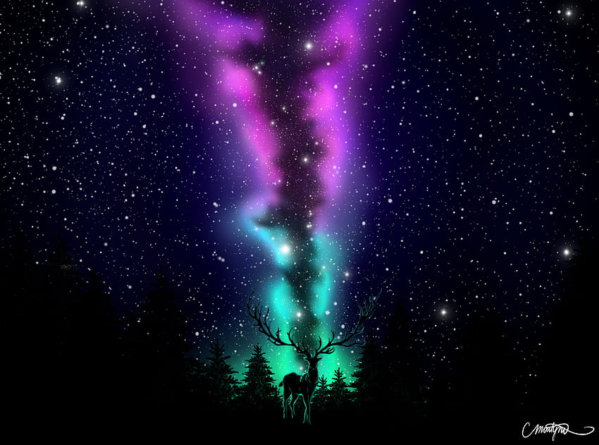 Art, Dark, Forest, Northern Lights, Aurora Borealis, Deer HD wallpaper