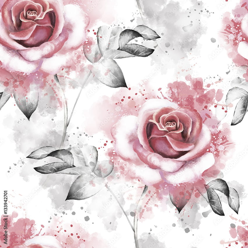 白い背景にピンクの花と葉を持つシームレスな模様、水彩花柄、パステルカラーのバラ、カード、布地。 テキスタイル デザイン。 スプラッシュ ペイント ストック イラスト、ピンクの花のパターン HD電話の壁紙