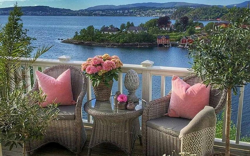 Terrace by the Lake, plants, furniture, terrace, lake HD wallpaper