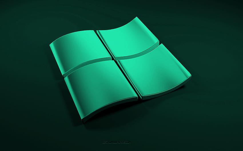 Turkusowe logo Windows 3D, czarne tło, fale 3D turkusowe tło, logo Windows, emblemat Windows, sztuka 3D, Windows Tapeta HD