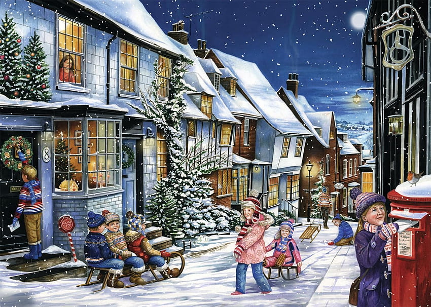 หมู่บ้านคริสต์มาส งานศิลปะ วาด ดวงจันทร์ หิมะ ถนน ผู้คน บ้าน ตอนเย็น วอลล์เปเปอร์ HD