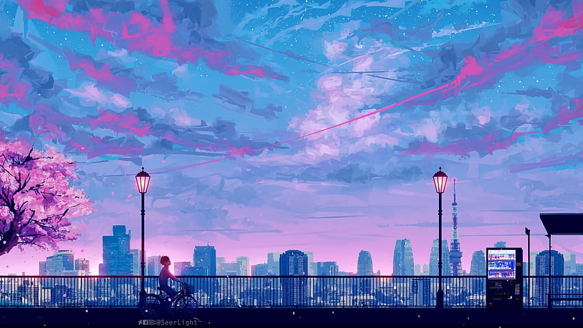 アニメの街並み。 Pemandangan kota, , Pemandangan, Blue Anime City 高画質の壁紙