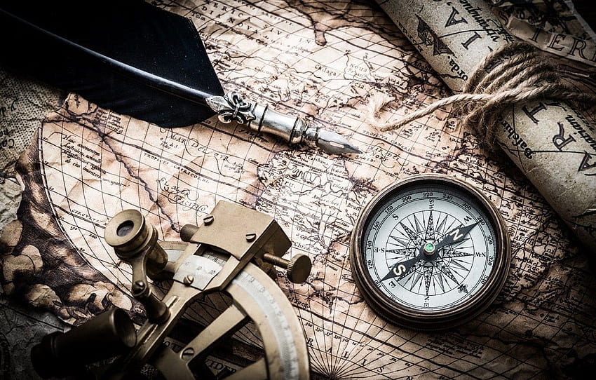 pen, map, compass, compass, old maps, navigation device, nautical navigation tools for , section разное, Nautical Compass HD wallpaper