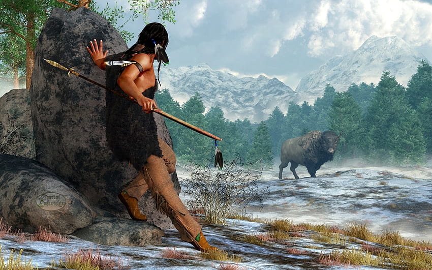 Indian Hunting With Atlatl, winter, man, indigenous people, rocks, Native American, hunting, Indian, spear, buffalo, mountains HD wallpaper