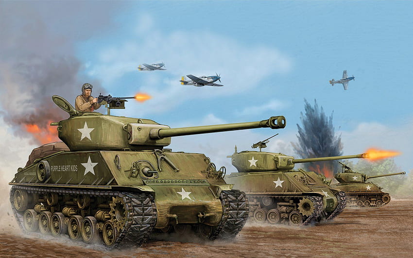 아트 탱크 셔먼 m4a3 e8 이지 에이트 미국 미디엄 1944 공격, WW2 탱크 HD 월페이퍼
