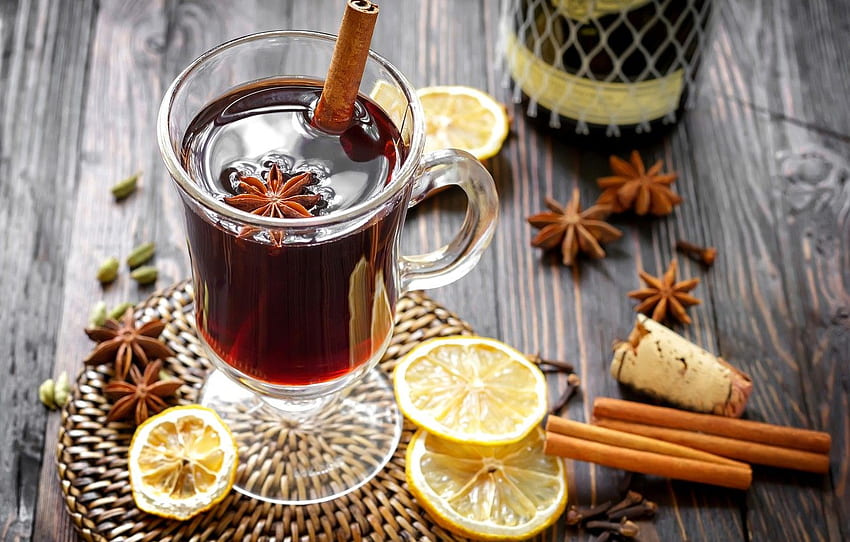 winter, wine, lemon, sticks, drink, cinnamon, spices, star anise, Anis, mulled wine for , section еда HD wallpaper