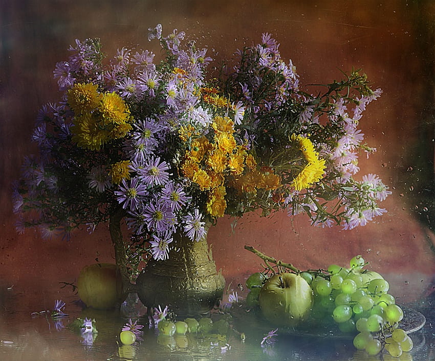 still life, old, apples, wild flowers, grapes, vase HD wallpaper