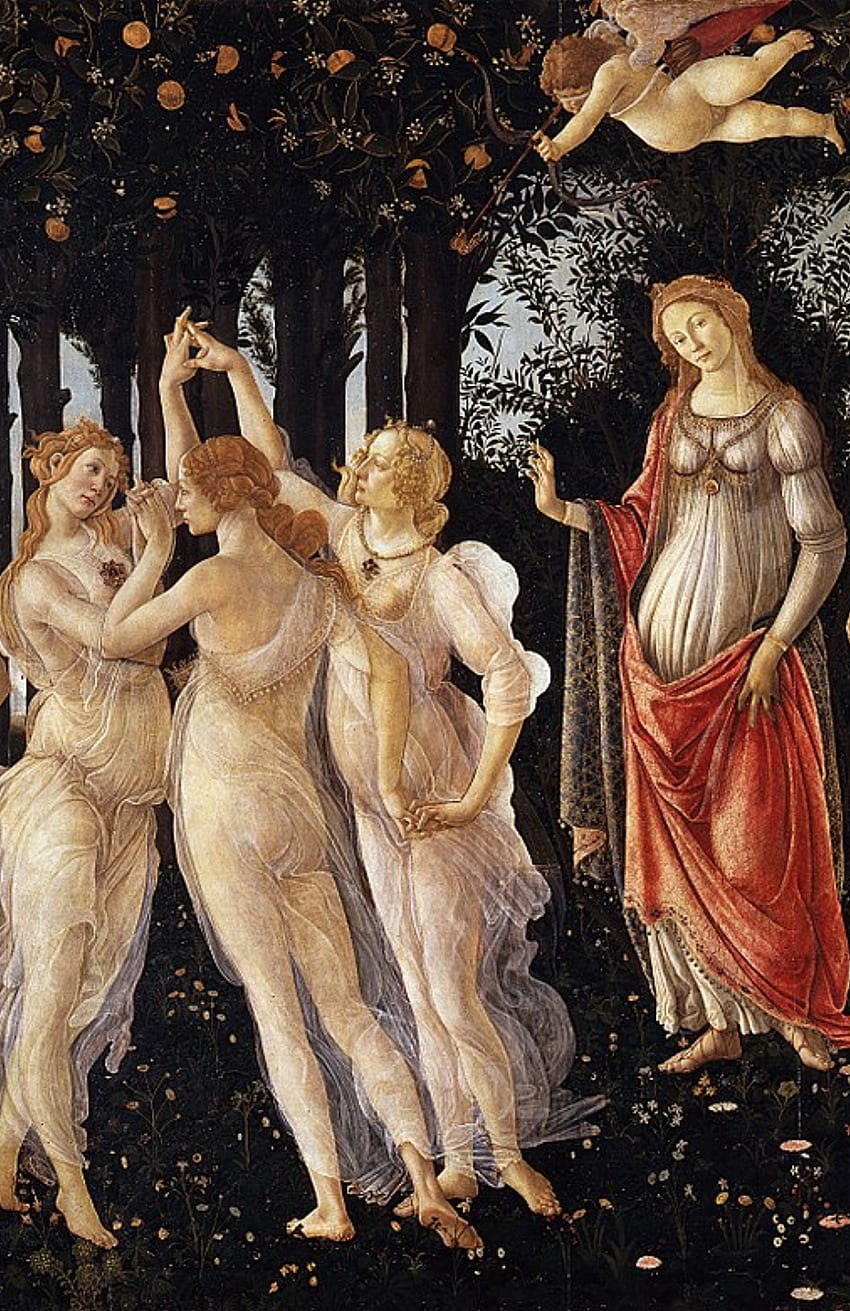 Primavera - Sandro Botticelli, 1482. Pintura del renacimiento temprano, Pinturas renacentistas y Arte renacentista fondo de pantalla del teléfono