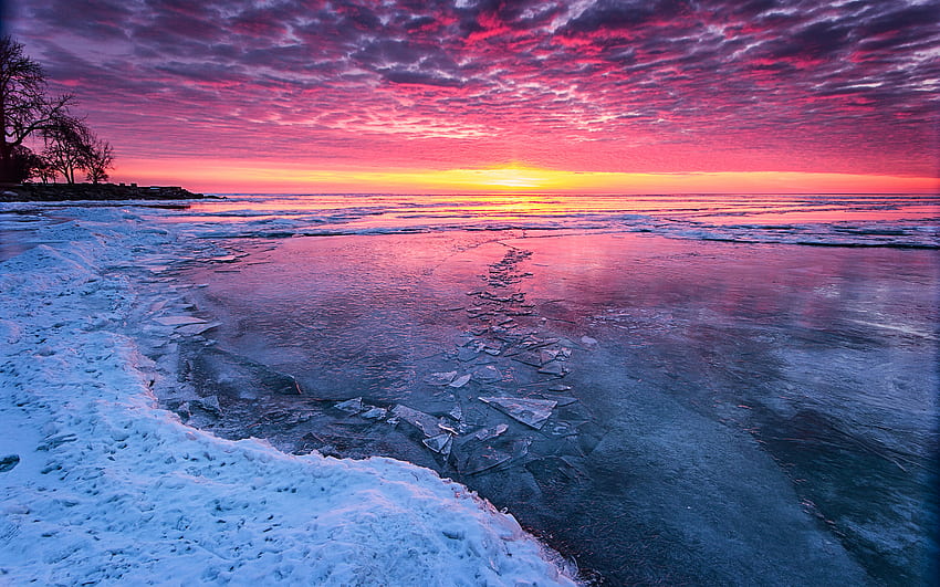 ice, Winter, Lake, Sunset, Sunrise, Sky, Clouds, Beaches, Shore / and Mobile Background, Dark Erie Beach HD wallpaper
