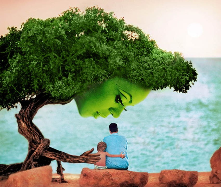 Pohon, anak-anak, oksigen, melindungi orang, pohon, pemanasan, planet, jam tangan, abstrak, kehidupan, udara, hijau, alam, peduli, air, masa depan Wallpaper HD