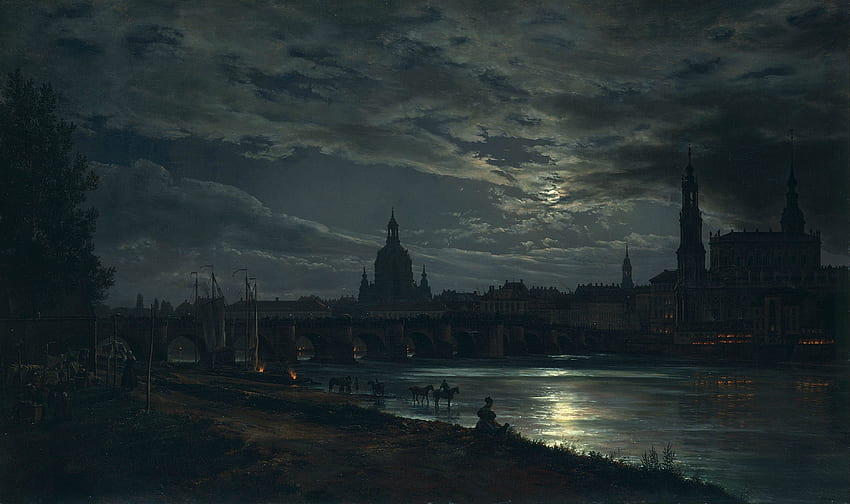 Йохан Кристиан Дал Изглед към Дрезден от Moonlight, Moonlight City HD тапет