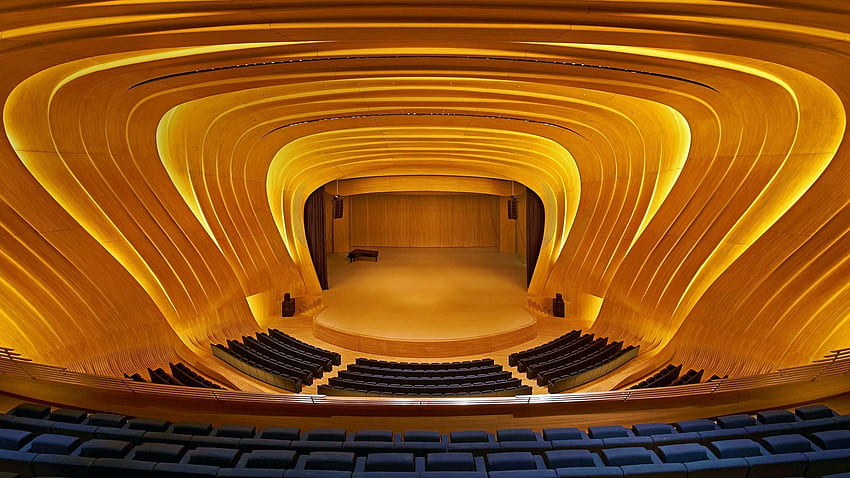 symmetry, Interiors, Modern, Concert hall, Baku, Azerbaijan, Chair, Podiums, Stages, Lights, Piano, Wooden surface / and Mobile Background HD wallpaper