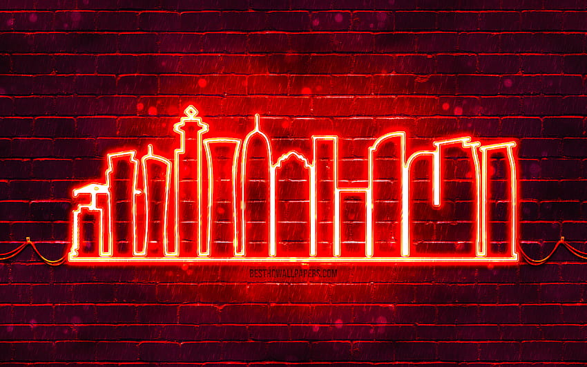 Doha red neon silhouette, , red neon lights, Doha skyline silhouette, red brickwall, qatari cities, neon skyline silhouettes, Qatar, Doha silhouette, Doha HD wallpaper