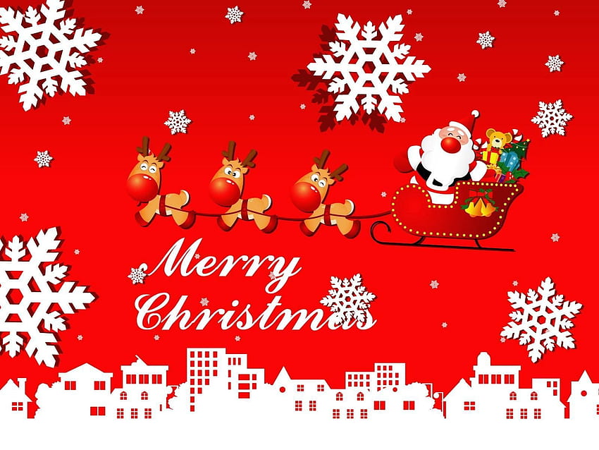 Feiertage, Weihnachtsmann, Hirsche, Schneeflocken, Stadt, Weihnachten, Schlitten, Schlitten, Geschenke, Geschenke HD-Hintergrundbild