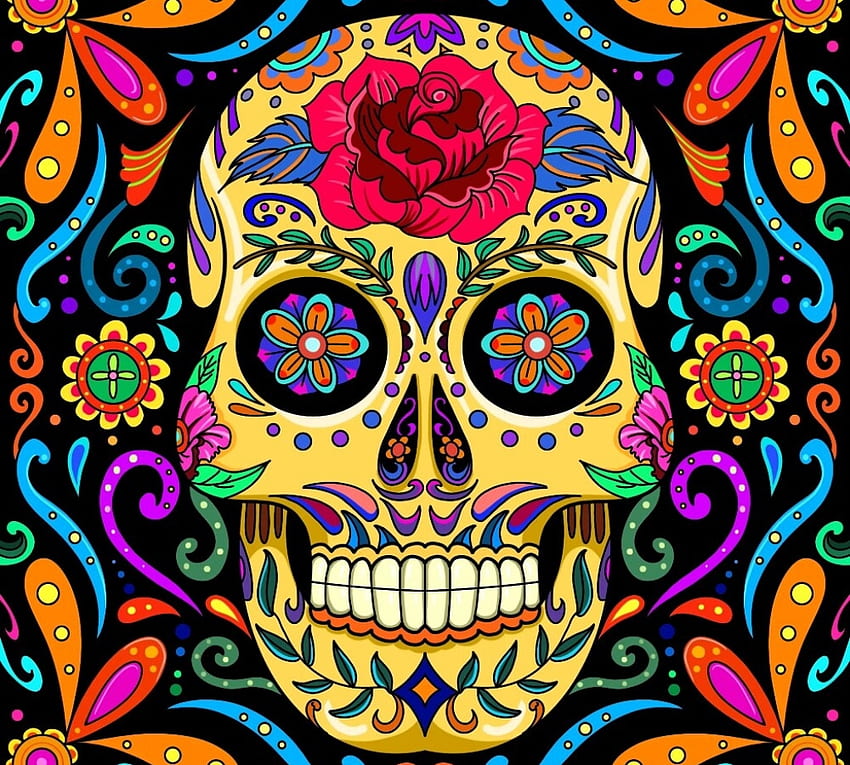 Sugar skull, harsh taggar, colorful, blue, art, halloween, rose, skul, yellow, red, green, dia de los muertos HD wallpaper