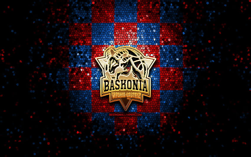 Saski Baskonia, logo gemerlap, ACB, latar belakang kotak-kotak merah biru, tim bola basket Spanyol, logo Saski Baskonia, seni mosaik, bola basket, Baskonia Vitoria-Gasteiz Wallpaper HD