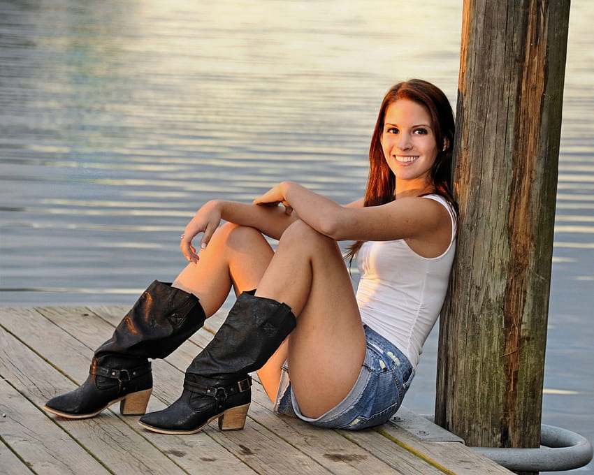 A Cowgirl Moment, cowgirl, boots, dock, shorts HD wallpaper