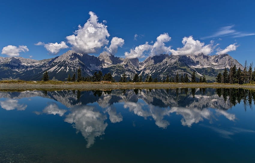 clouds, mountains, lake, reflection, Austria, Alps, Wilder Kaiser HD wallpaper